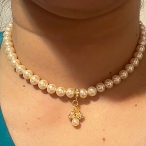 Vintage Faux Pearl with Gold tone pendant with Rhinestone  Japan made